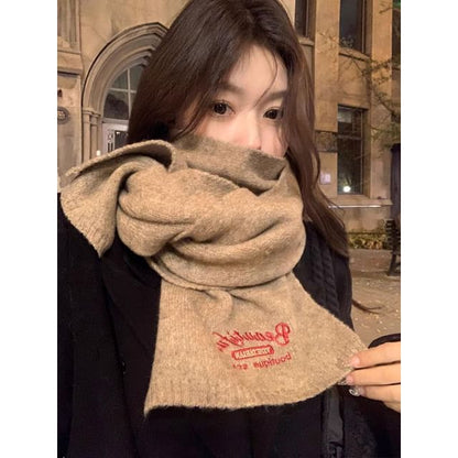/ Lettering Scarf Embroidered Plain Plaid