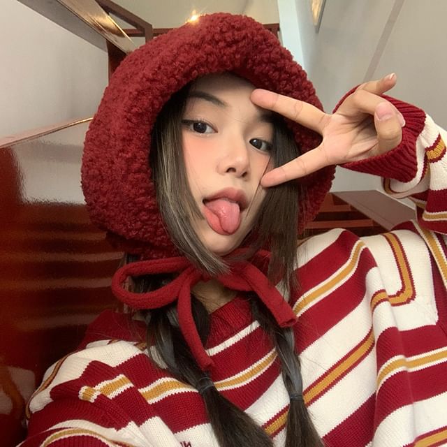 Tie-Up Fleece Beanie / Hat Cable Plain Knit