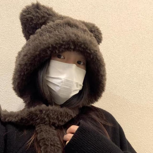 / Plain Beanie Ear Fluffy Bear Ribbed Hat