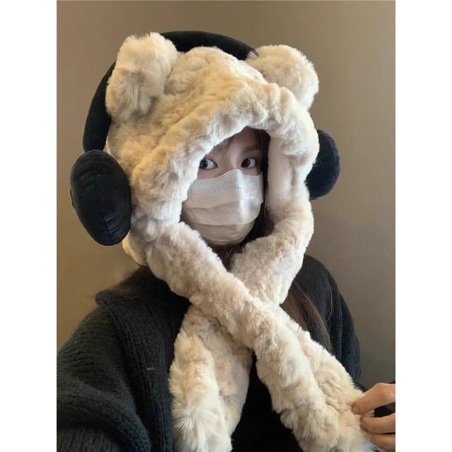 Hooded Ribbed Fluffy Ear Scarf Bear / Beanie