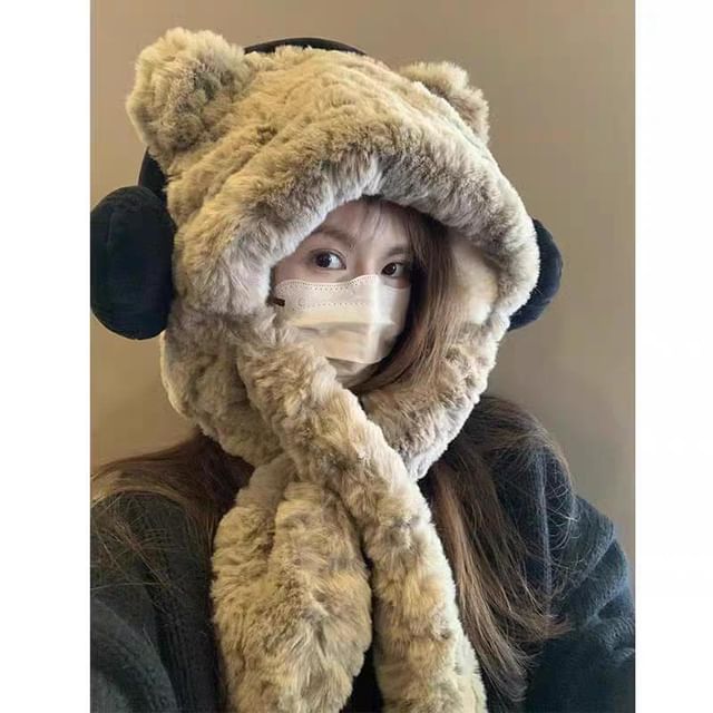 Hooded Ribbed Fluffy Ear Scarf Bear / Beanie