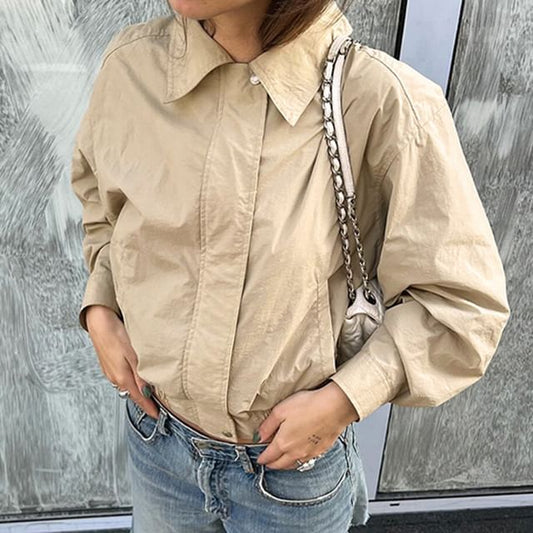 Zip Collared Cropped Plain Jacket Up