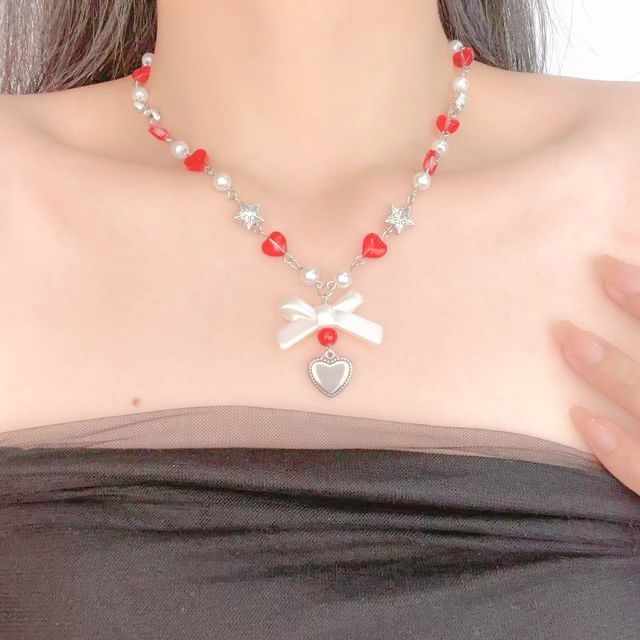 Sample Bow Heart Faux Pearl Necklace