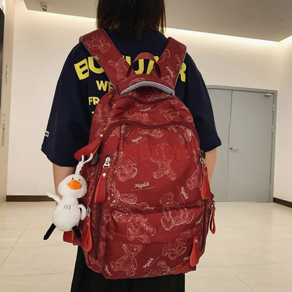 Bear Print Lettering Applique Nylon Laptop Backpack / Tote Bag / Bag Charm / Set
