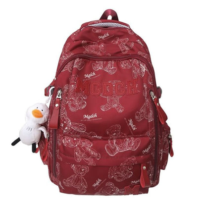 Bear Print Lettering Applique Nylon Laptop Backpack / Tote Bag / Bag Charm / Set