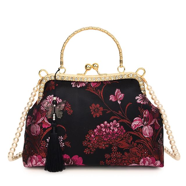 Wholesale SampleFaux Pearl Strap Kiss Lock Floral Embroidered Tassel Crossbody Bag