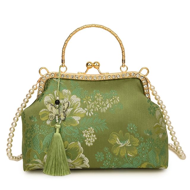 Wholesale SampleFaux Pearl Strap Kiss Lock Floral Embroidered Tassel Crossbody Bag