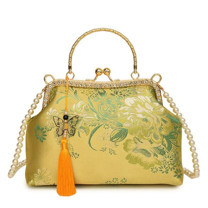 Wholesale SampleFaux Pearl Strap Kiss Lock Floral Embroidered Tassel Crossbody Bag