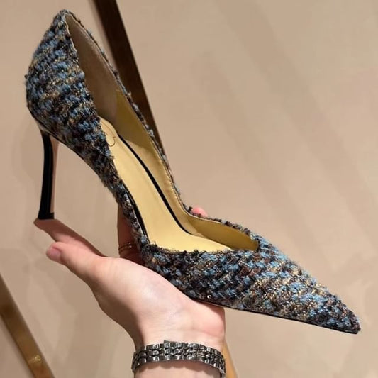 Sample Stiletto Pointed Toe Sequin Tweed Pumps