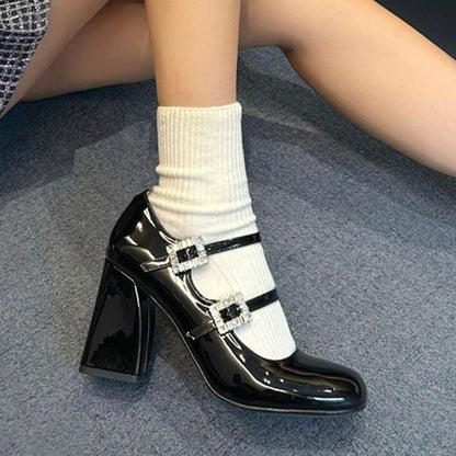 Sample Chunky Heel Rhinestone Buckled Patent Leather Mary Jane Pumps