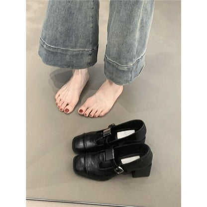 Sample Chunky Heel Square Toe T-Strap Plain Faux Leather Mary Jane Pumps