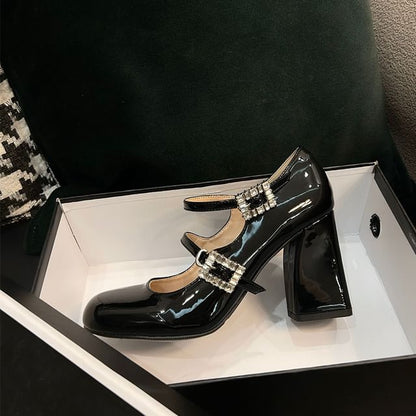 Sample Chunky Heel Rhinestone Buckled Patent Leather Mary Jane Pumps
