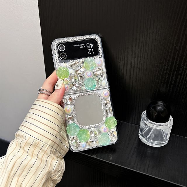 Mirrored Case Rose Rhinestone Phone