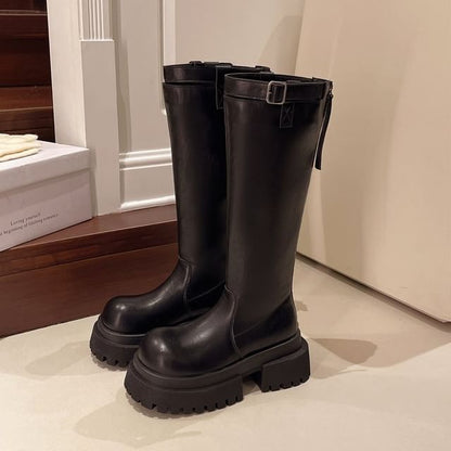 Boots Tall Buckled Plain Platform