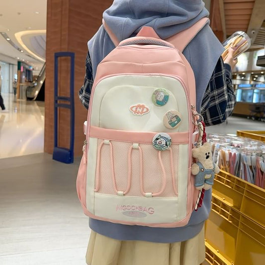Wholesale Sample Lettering Embroidered Drawstring Mesh Panel Nylon Backpack / Brooch / Set