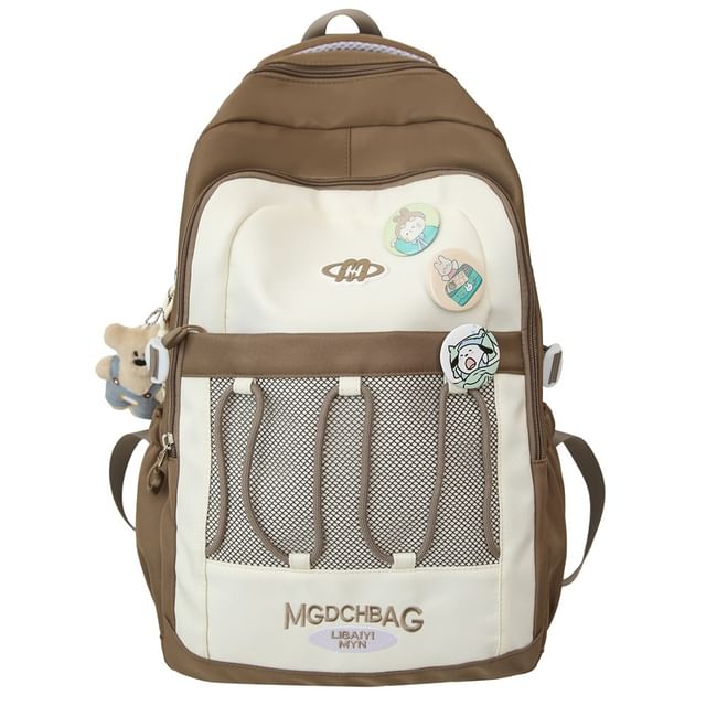 Sample Lettering Embroidered Drawstring Mesh Panel Nylon Backpack / Brooch / Set