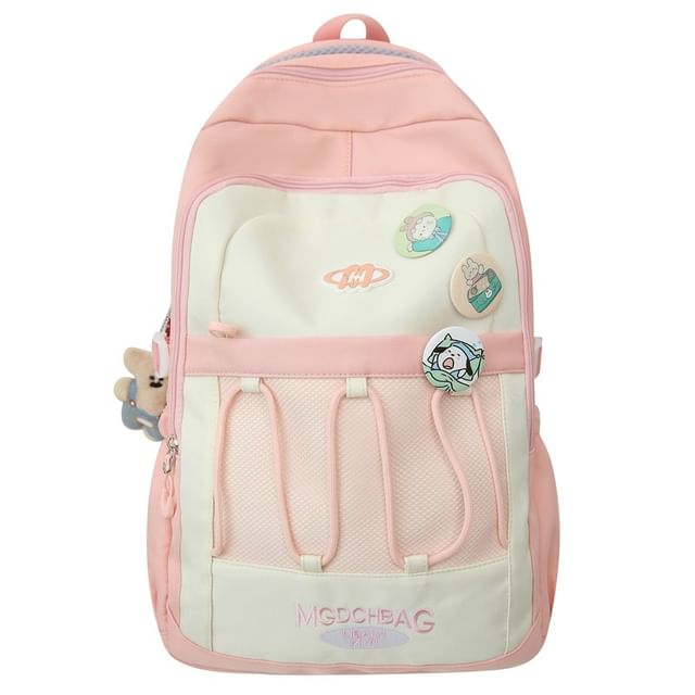 Sample Lettering Embroidered Drawstring Mesh Panel Nylon Backpack / Brooch / Set