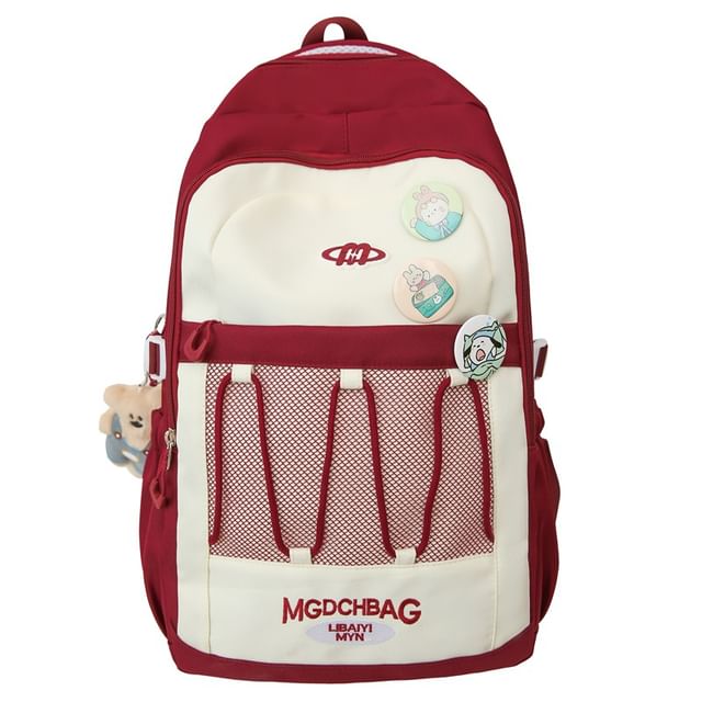 Sample Lettering Embroidered Drawstring Mesh Panel Nylon Backpack / Brooch / Set