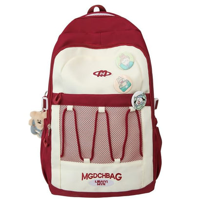 Sample Lettering Embroidered Drawstring Mesh Panel Nylon Backpack / Brooch / Set
