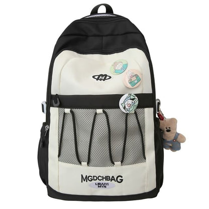 Sample Lettering Embroidered Drawstring Mesh Panel Nylon Backpack / Brooch / Set