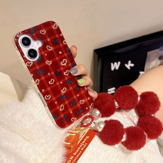Heart Pom / Set Plaid Case Phone Strap