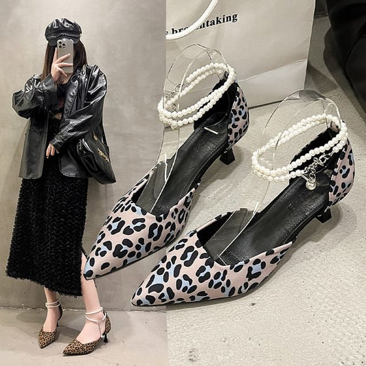 Heel Print Strap Sandals Kitten Ankle Pointed Leopard
