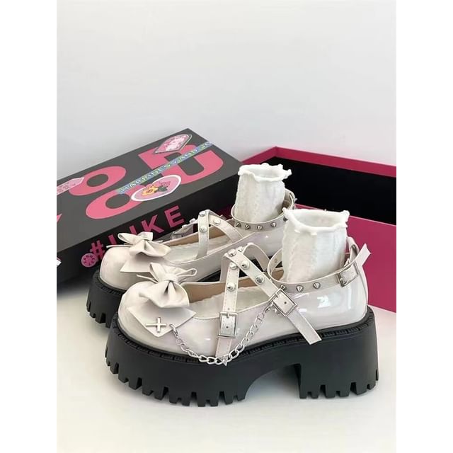 Pumps Bow Jane Heel Platform Studded Mary Cross Chunky Strap