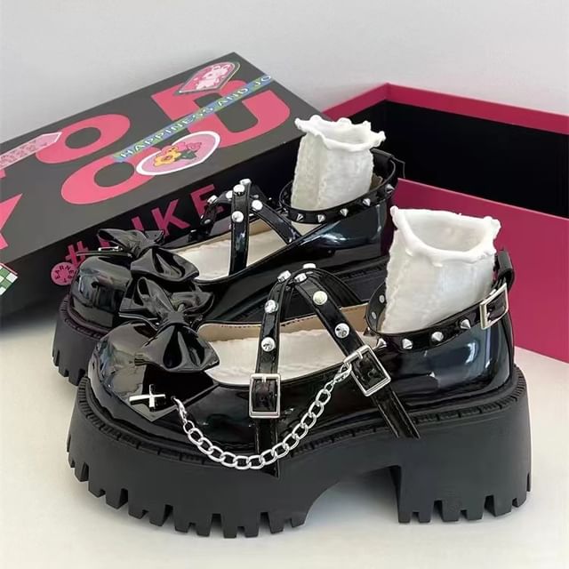 Pumps Bow Jane Heel Platform Studded Mary Cross Chunky Strap