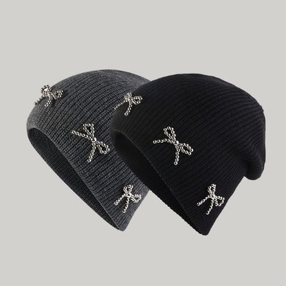 Beanie Knit Metallic Studded Bow