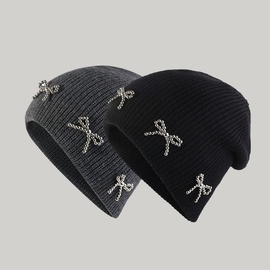 Beanie Knit Metallic Studded Bow
