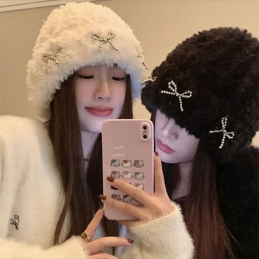 Studded Metallic Bow Beanie Chenille