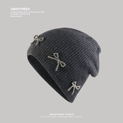 Beanie Knit Metallic Studded Bow