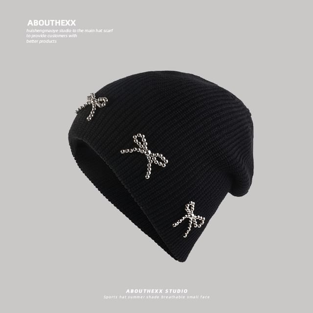 Beanie Knit Metallic Studded Bow