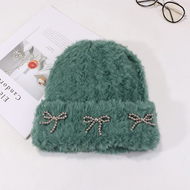Studded Metallic Bow Beanie Chenille