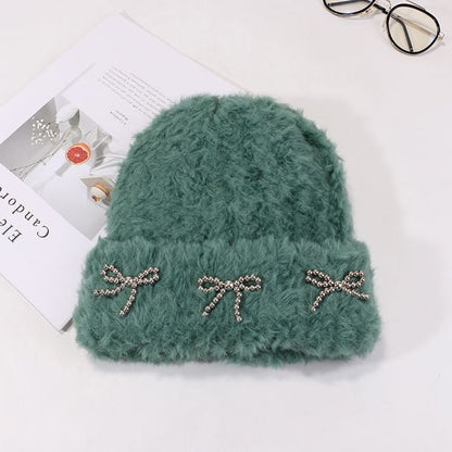 Studded Metallic Bow Beanie Chenille