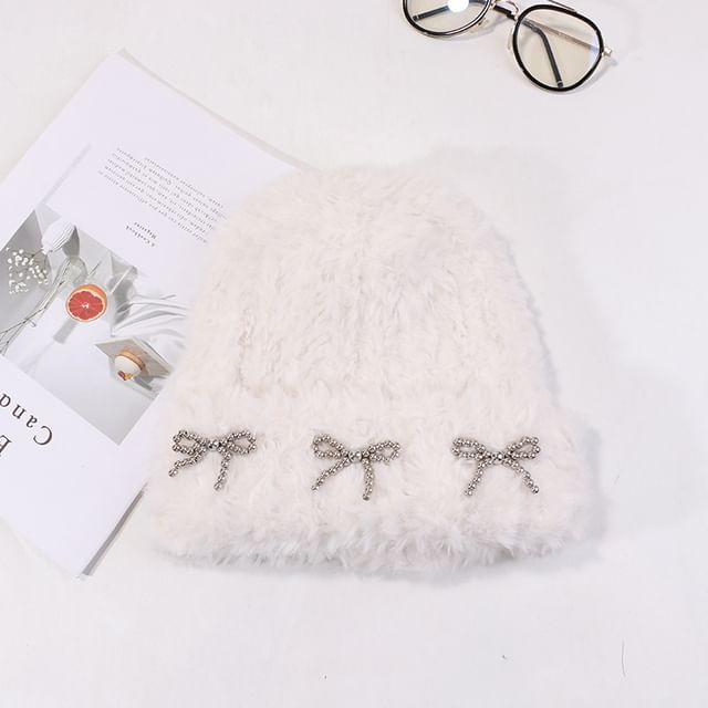 Studded Metallic Bow Beanie Chenille