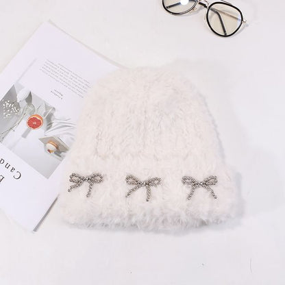 Studded Metallic Bow Beanie Chenille
