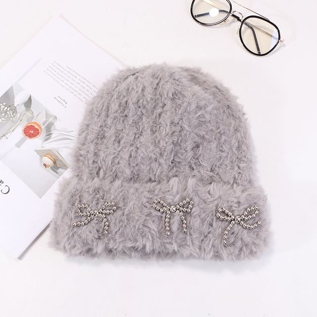 Studded Metallic Bow Beanie Chenille