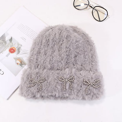 Studded Metallic Bow Beanie Chenille