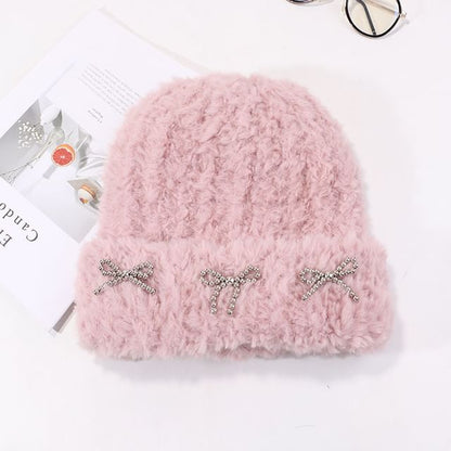 Studded Metallic Bow Beanie Chenille