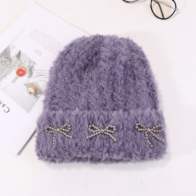 Studded Metallic Bow Beanie Chenille