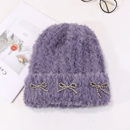 Studded Metallic Bow Beanie Chenille
