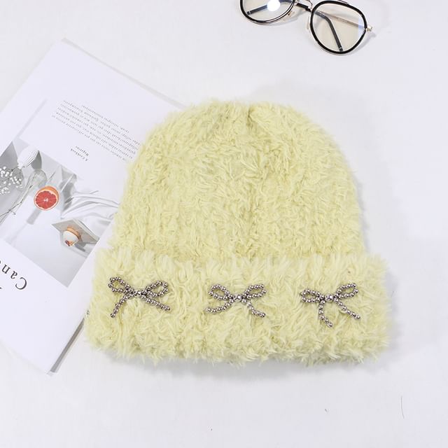 Studded Metallic Bow Beanie Chenille