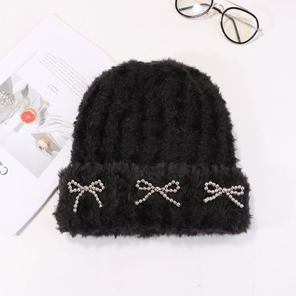 Studded Metallic Bow Beanie Chenille