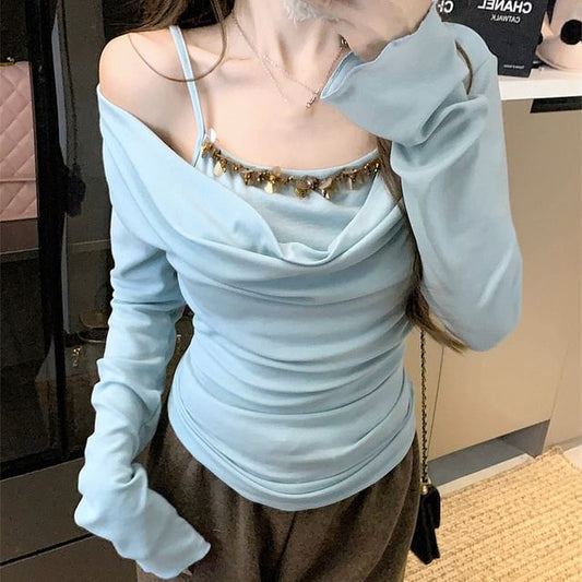 Shoulder Long Piece Top Sleeve Mock Off Two