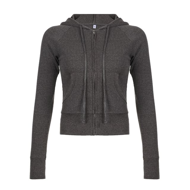Drawstring Plain Zip Up Hoodie