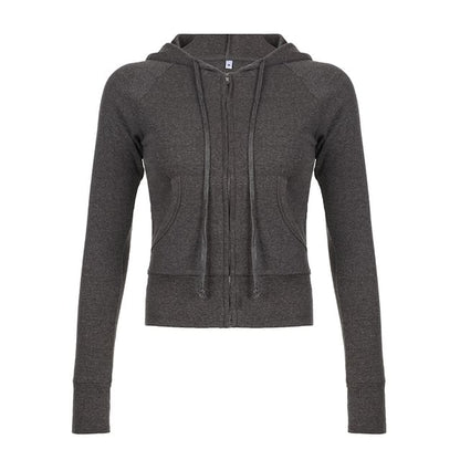 Drawstring Plain Zip Up Hoodie