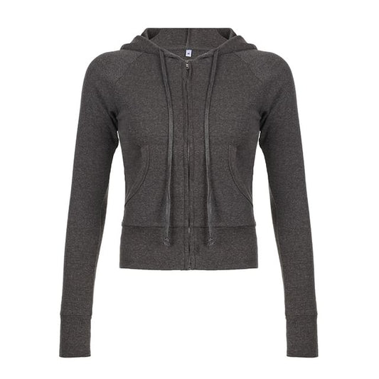 Drawstring Plain Zip Up Hoodie