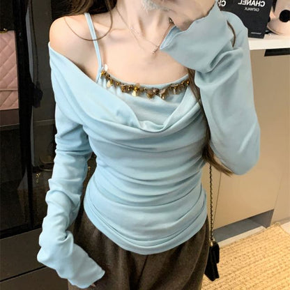 Shoulder Long Piece Top Sleeve Mock Off Two