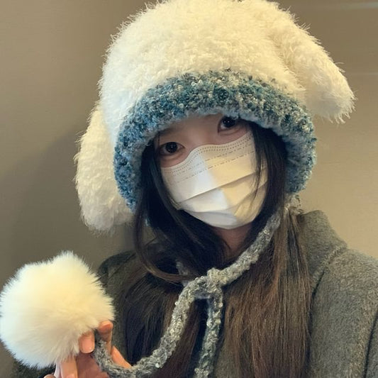 Panel Pom Knit Hat Rabbit Fluffy Ear